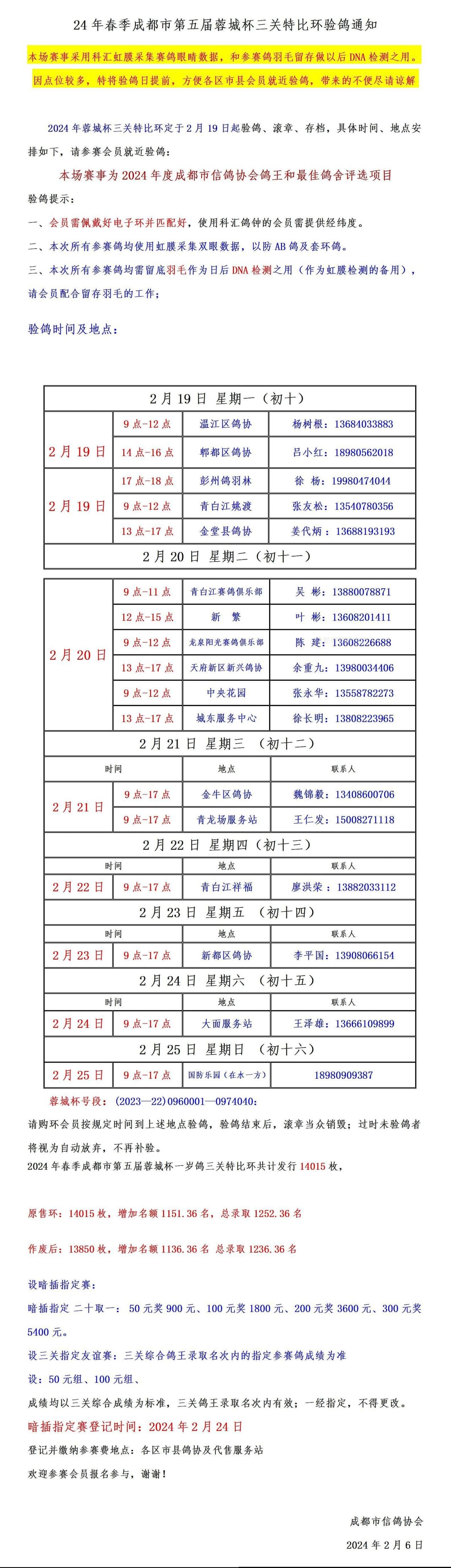  24年春成都市第五届蓉城杯三关特比环验鸽通知 