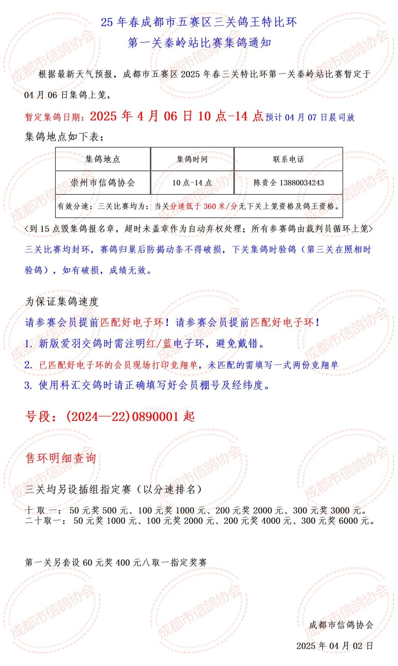 25年春成都市五赛区三关鸽王特比环 第一关秦岭站比赛集鸽通知